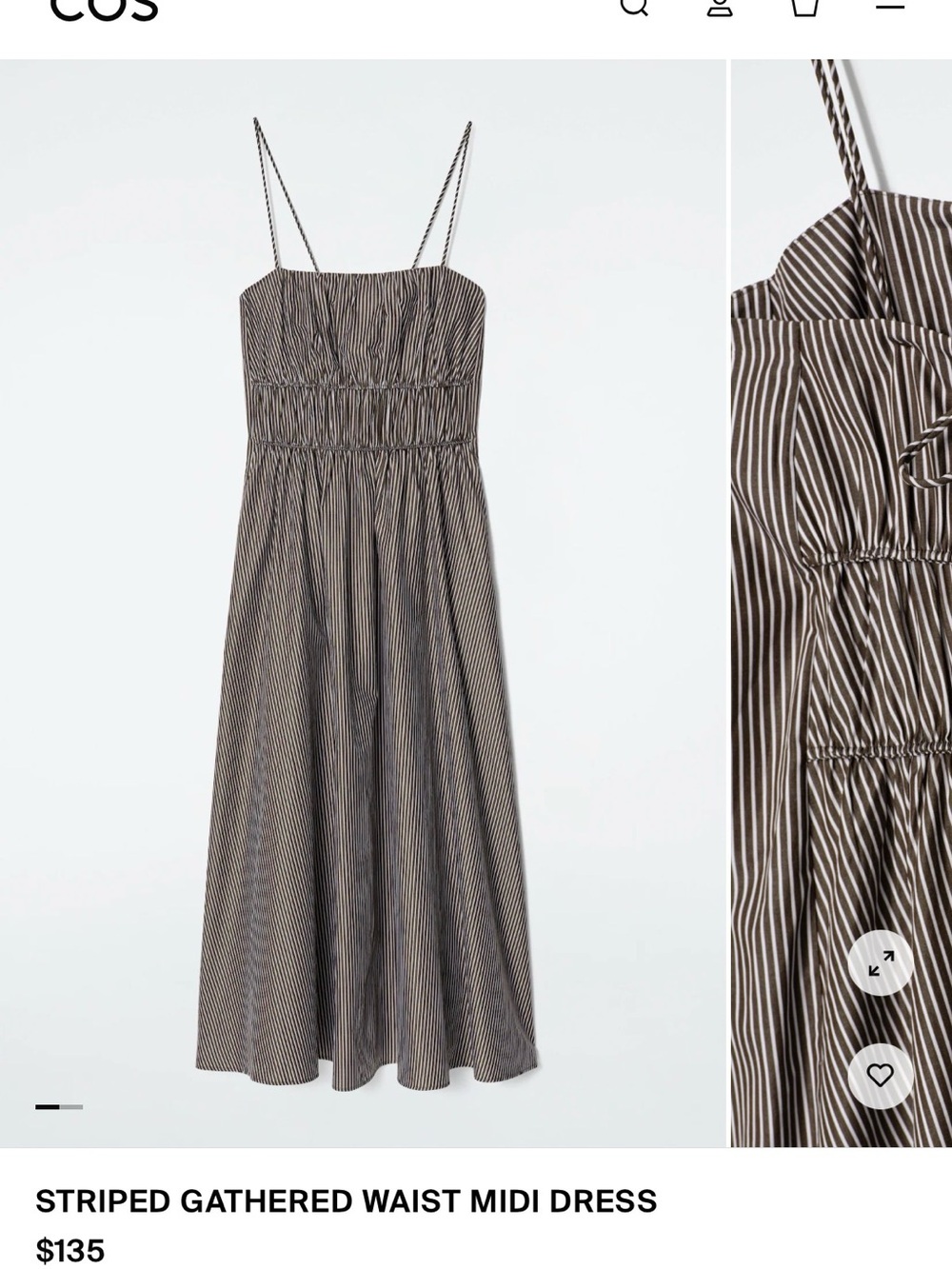 COS Brown and White Striped Gathered-Waist Midi Dress